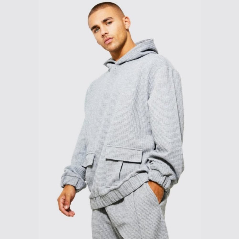 Boohoo Men's Light Grey Oversized Heavy Waffle Utility Hoodie - S